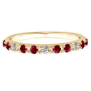 2MM Round Natural Ruby Half Eternity Ring 925 Sterling Silver Yellow Plated